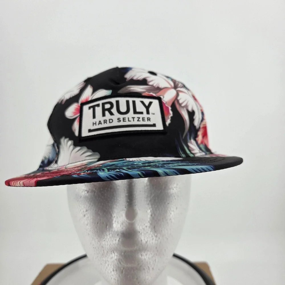 Truly Hard Seltzer Hat Black Tropical Floral Hibiscus Snapback Flat Brim Cap